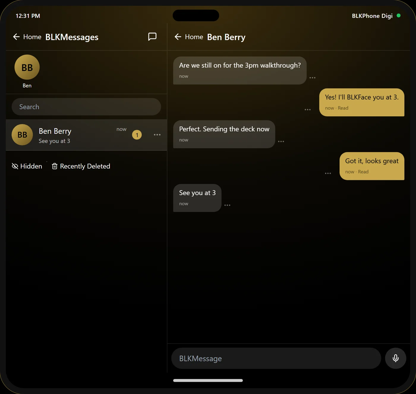 BLKMessages on the BLKPhone Digi tablet: the chat list on the left and a conversation with Ben Berry on the right, with read receipts and a message box.